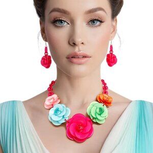 Blossoming Beauty: Collar Pink Chunky 3D Flower Link Necklace Set